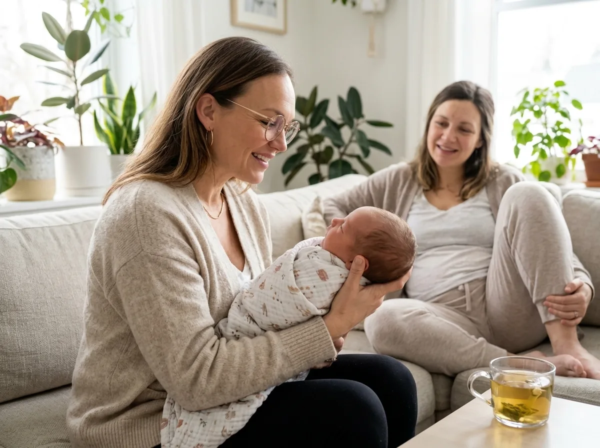 Rebecca Sullivan providing gentle postpartum soothing and newborn guidance in client home